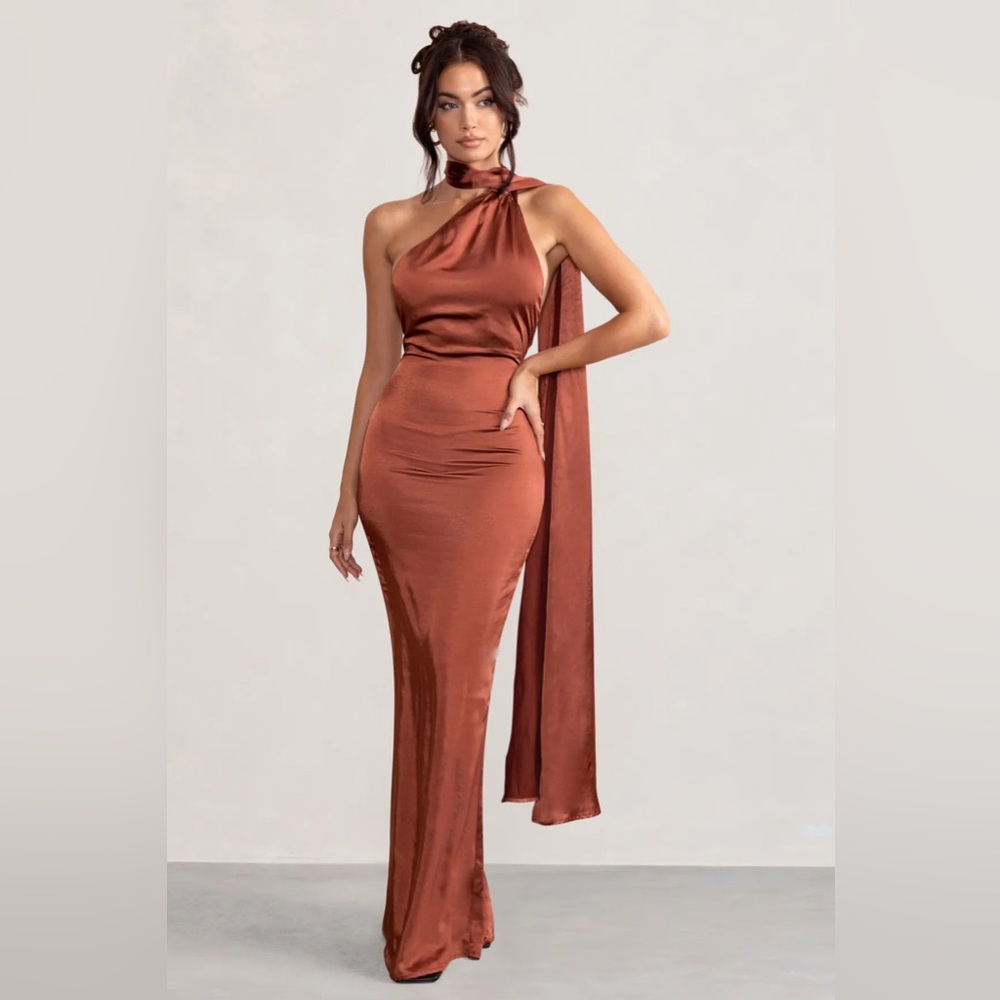 CLUB L LONDON MADEMOISELLE BACKLESS  ASYMMETRIC SCARF NECK MAXI DRESS